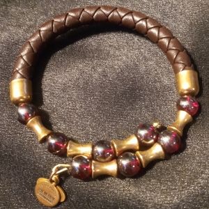 Alex & Ani wrap bracelet leather braided with red opalescent beads in brass